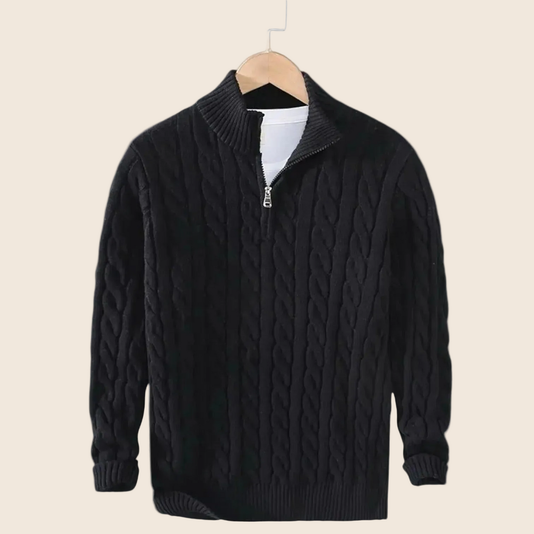 Herren Strickpullover mit Zopfmuster und Stehkragen | Warmer Pullover mit kurzem Reißverschluss, gerippten Bündchen und geradem Schnitt