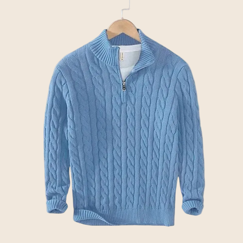 Herren Strickpullover mit Zopfmuster und Stehkragen | Warmer Pullover mit kurzem Reißverschluss, gerippten Bündchen und geradem Schnitt