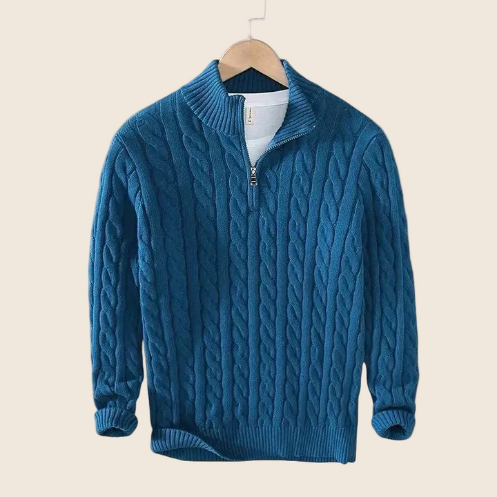 Herren Strickpullover mit Zopfmuster und Stehkragen | Warmer Pullover mit kurzem Reißverschluss, gerippten Bündchen und geradem Schnitt