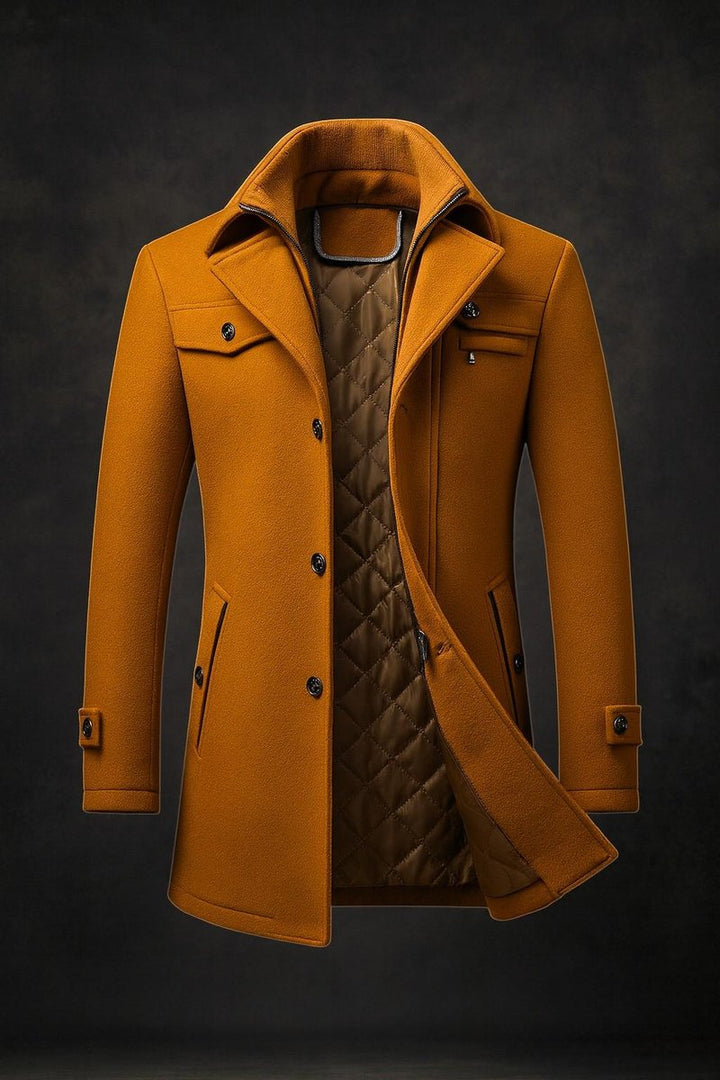 Herren Wollmantel aus 100 % Naturwolle mit Doppelkragen | Schmal geschnittener Wintermantel mit Steppfutter und Knopfleiste