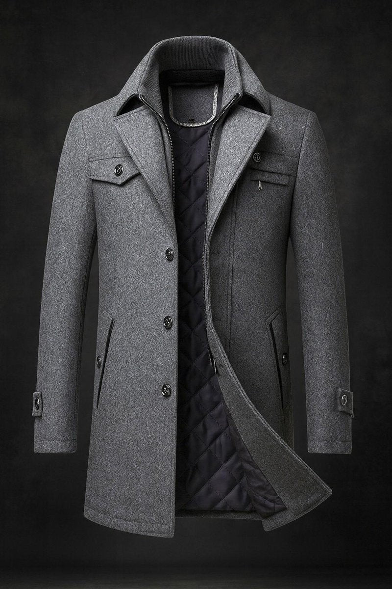 Herren Wollmantel aus 100 % Naturwolle mit Doppelkragen | Schmal geschnittener Wintermantel mit Steppfutter und Knopfleiste