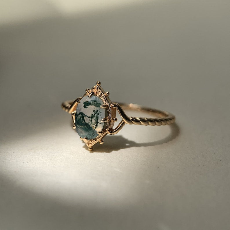 Ring | 925 sterling silver gold plated | Natural moss agate | Handmade engagement ring