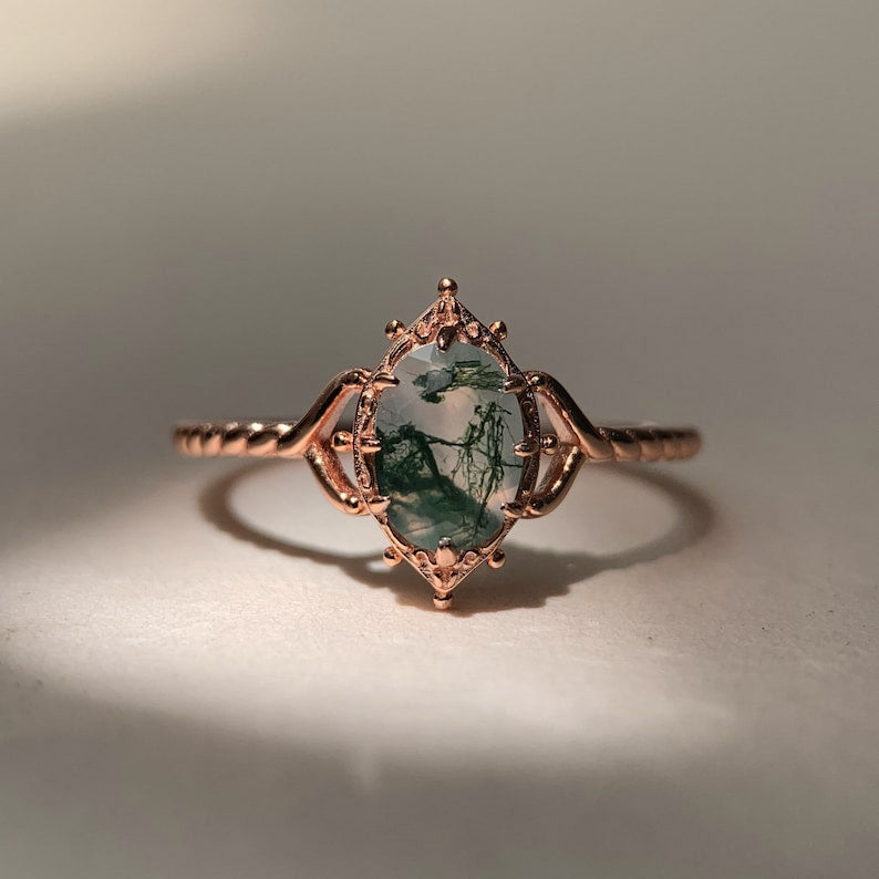 Ring | 925 sterling silver gold plated | Natural moss agate | Handmade engagement ring