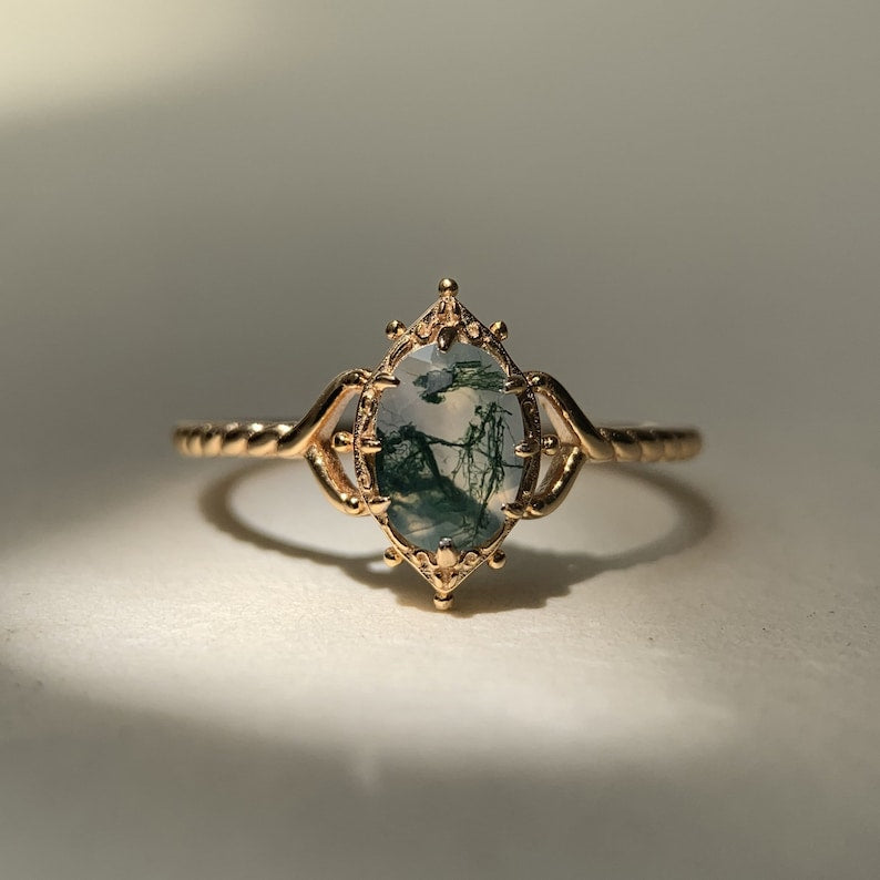 Ring | 925 sterling silver gold plated | Natural moss agate | Handmade engagement ring