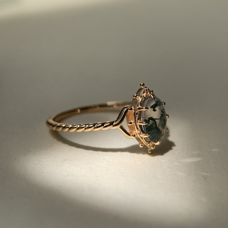 Ring | 925 sterling silver gold plated | Natural moss agate | Handmade engagement ring