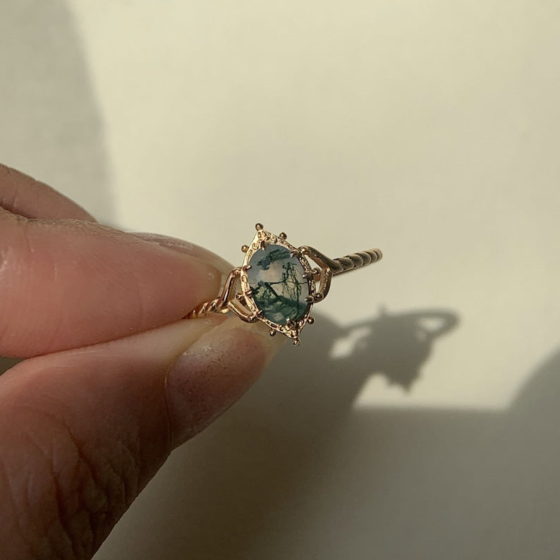 Ring | 925 sterling silver gold plated | Natural moss agate | Handmade engagement ring