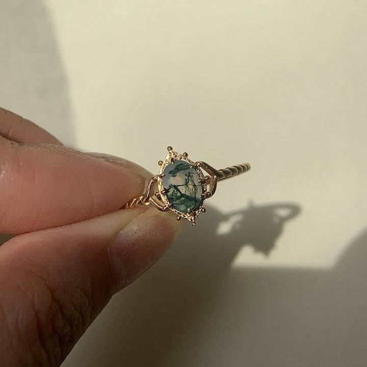 Ring | 925 sterling silver gold plated | Natural moss agate | Handmade engagement ring