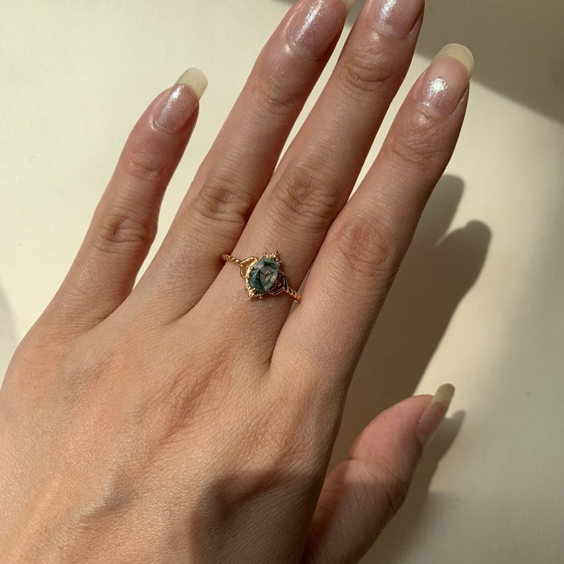 Ring | 925 sterling silver gold plated | Natural moss agate | Handmade engagement ring