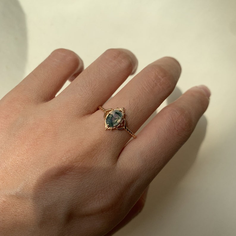 Ring | 925 sterling silver gold plated | Natural moss agate | Handmade engagement ring