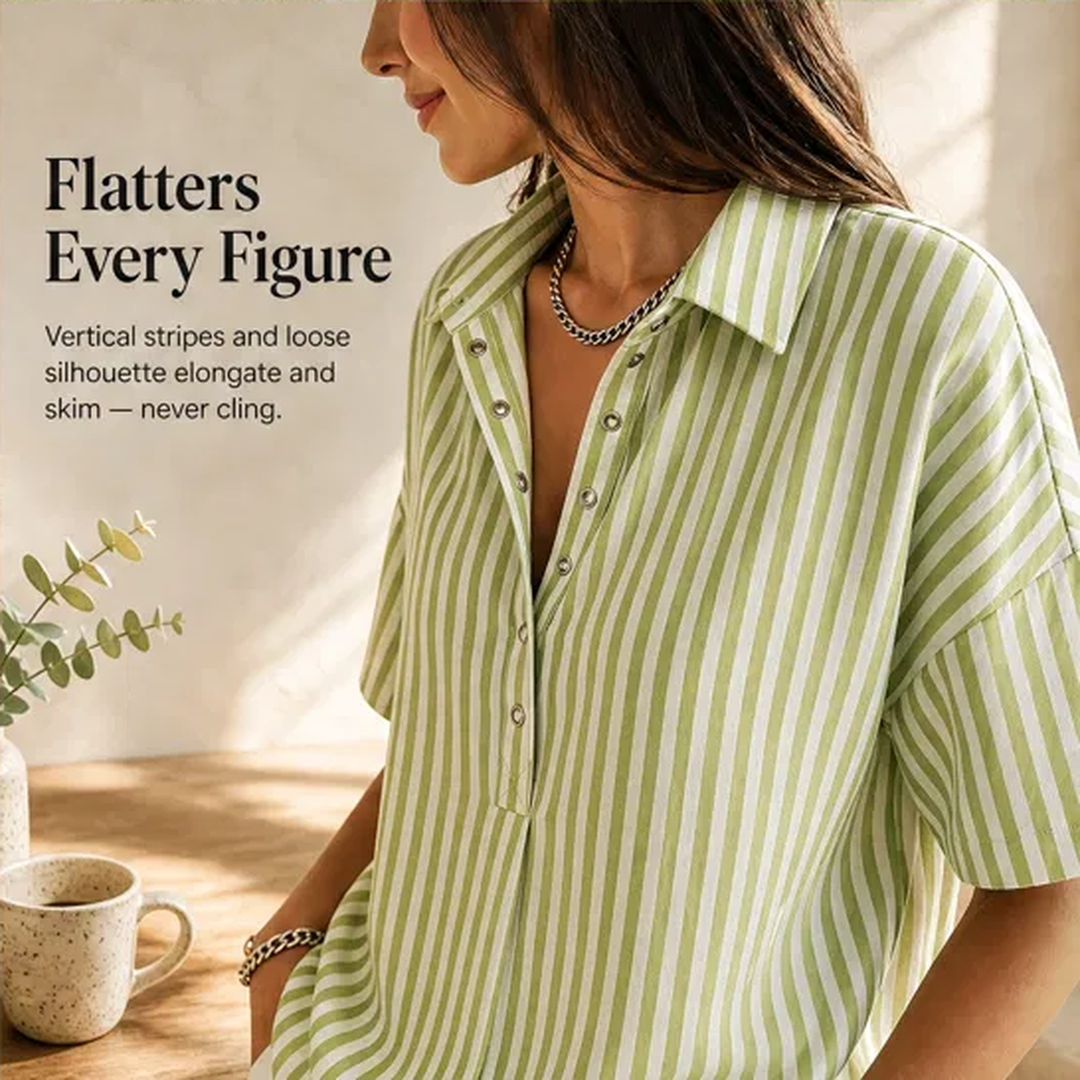 Damen Bluse | Gestreiftes Kurzarm-Oberteil mit V-Ausschnitt, Kragen und lockerer Passform für Alltag und Büro