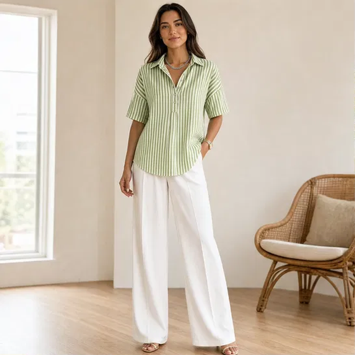 Damen Bluse | Gestreiftes Kurzarm-Oberteil mit V-Ausschnitt, Kragen und lockerer Passform für Alltag und Büro