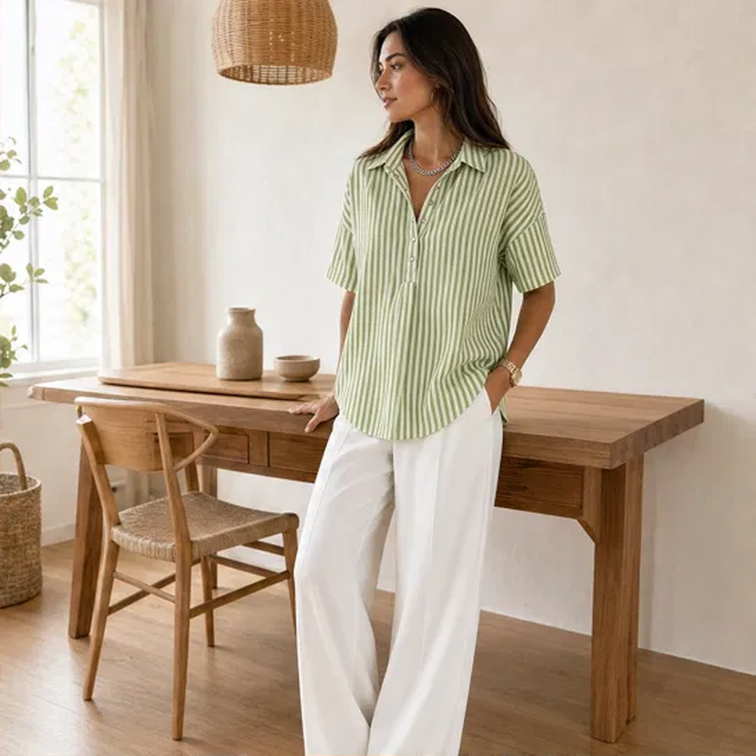 Damen Bluse | Gestreiftes Kurzarm-Oberteil mit V-Ausschnitt, Kragen und lockerer Passform für Alltag und Büro