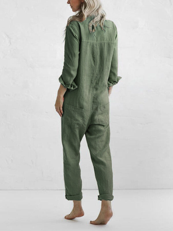 Damen Lounge-Jumpsuit aus weicher Baumwolle | Lockerer Schnitt mit Knöpfen | Atmungsaktiv, leicht elastisch, Grünton