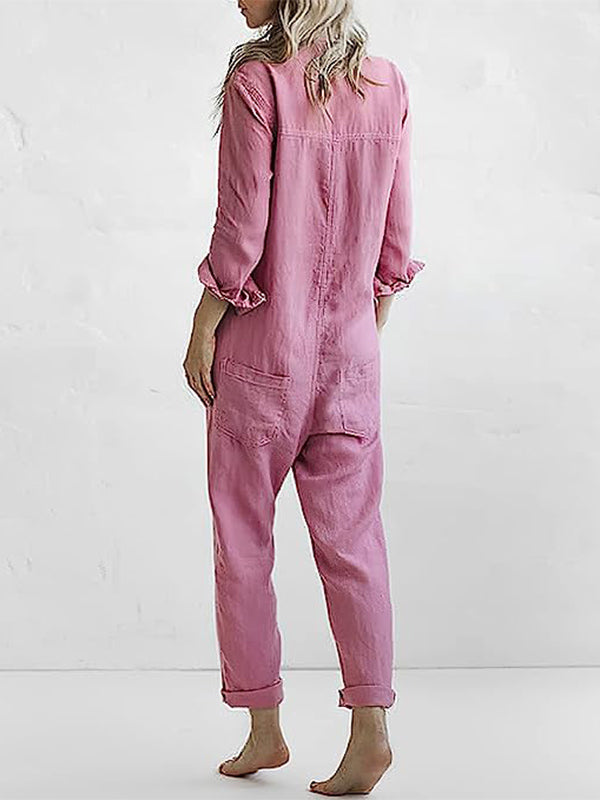Damen Lounge-Jumpsuit aus weicher Baumwolle | Lockerer Schnitt mit Knöpfen | Atmungsaktiv, leicht elastisch, Grünton