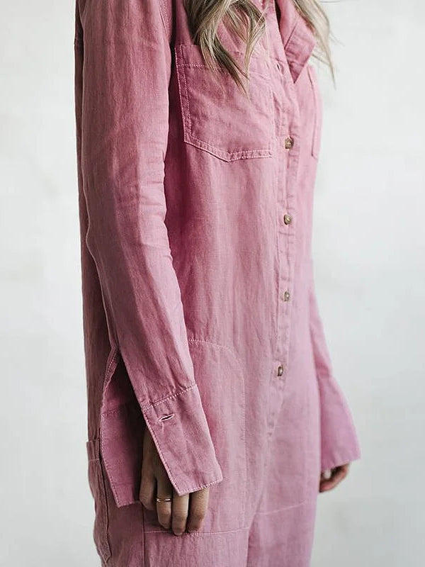 Damen Lounge-Jumpsuit aus weicher Baumwolle | Lockerer Schnitt mit Knöpfen | Atmungsaktiv, leicht elastisch, Grünton