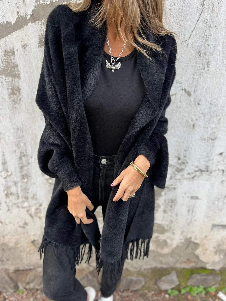 Damen lange Strickjacke mit offener Front und Fransen | Locker geschnittener Long-Cardigan mit langen Ärmeln für Herbst und Winter