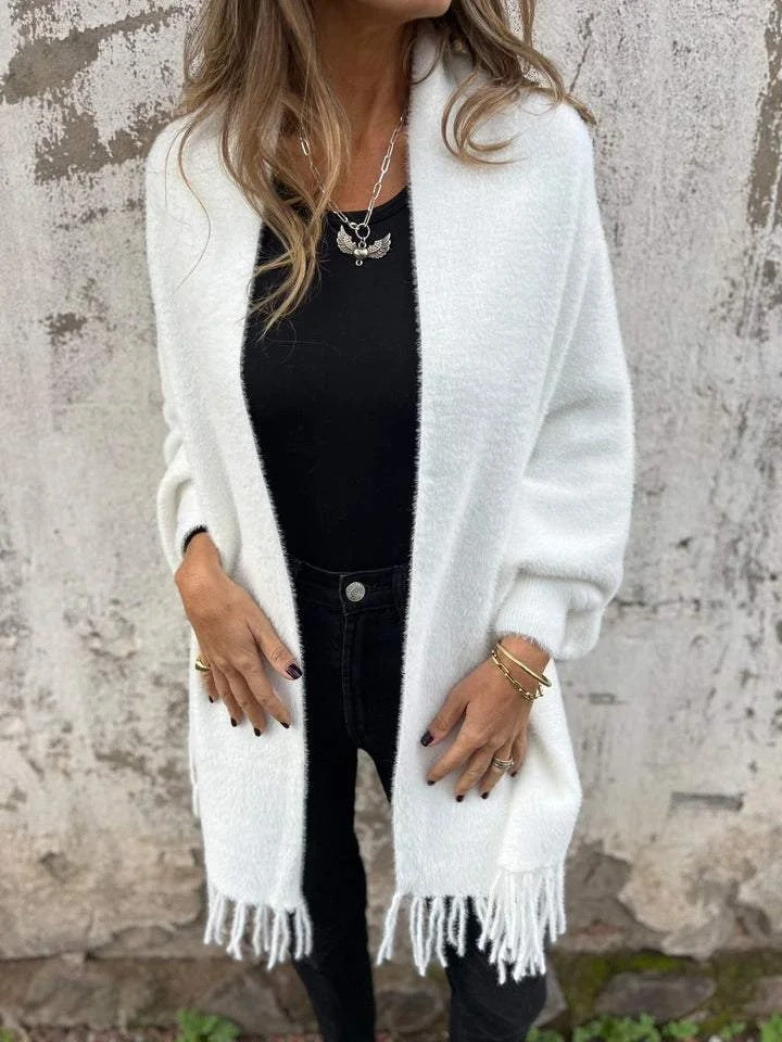 Damen lange Strickjacke mit offener Front und Fransen | Locker geschnittener Long-Cardigan mit langen Ärmeln für Herbst und Winter
