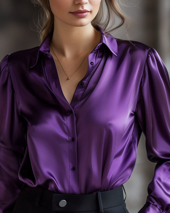 Damen Satinbluse Schwarz mit langen Ärmeln | Elegante Langarmbluse mit weich fließender Passform und sanftem Glanz für Büro und Abendmode