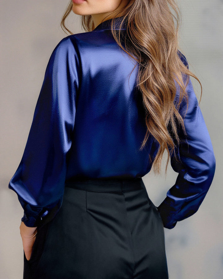 Damen Satinbluse Schwarz mit langen Ärmeln | Elegante Langarmbluse mit weich fließender Passform und sanftem Glanz für Büro und Abendmode