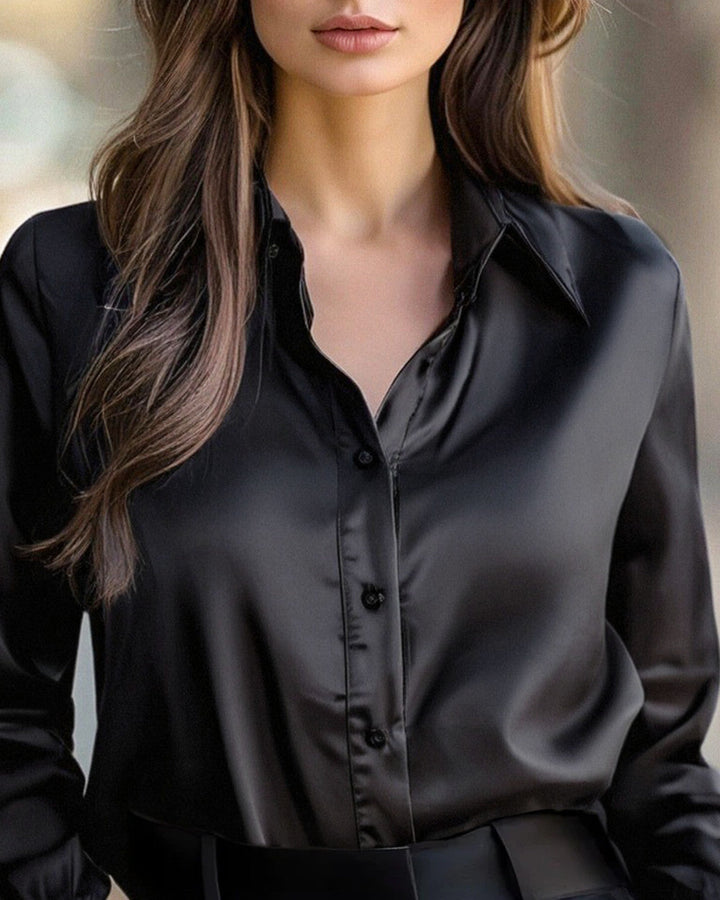 Damen Satinbluse Schwarz mit langen Ärmeln | Elegante Langarmbluse mit weich fließender Passform und sanftem Glanz für Büro und Abendmode