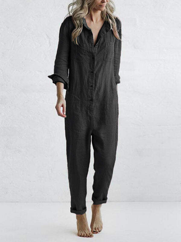 Damen Lounge-Jumpsuit aus weicher Baumwolle | Lockerer Schnitt mit Knöpfen | Atmungsaktiv, leicht elastisch, Grünton