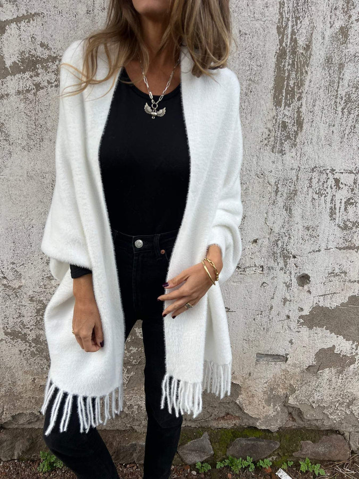 Damen lange Strickjacke mit offener Front und Fransen | Locker geschnittener Long-Cardigan mit langen Ärmeln für Herbst und Winter