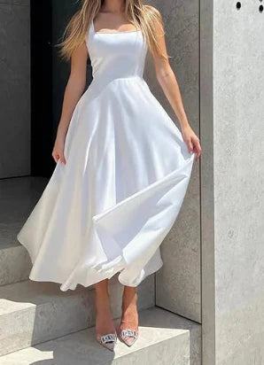 A-Line Midi Dress with Satin Shine | Square Neckline &amp; Spaghetti Straps | Flowing Skirt, Elegant for Events