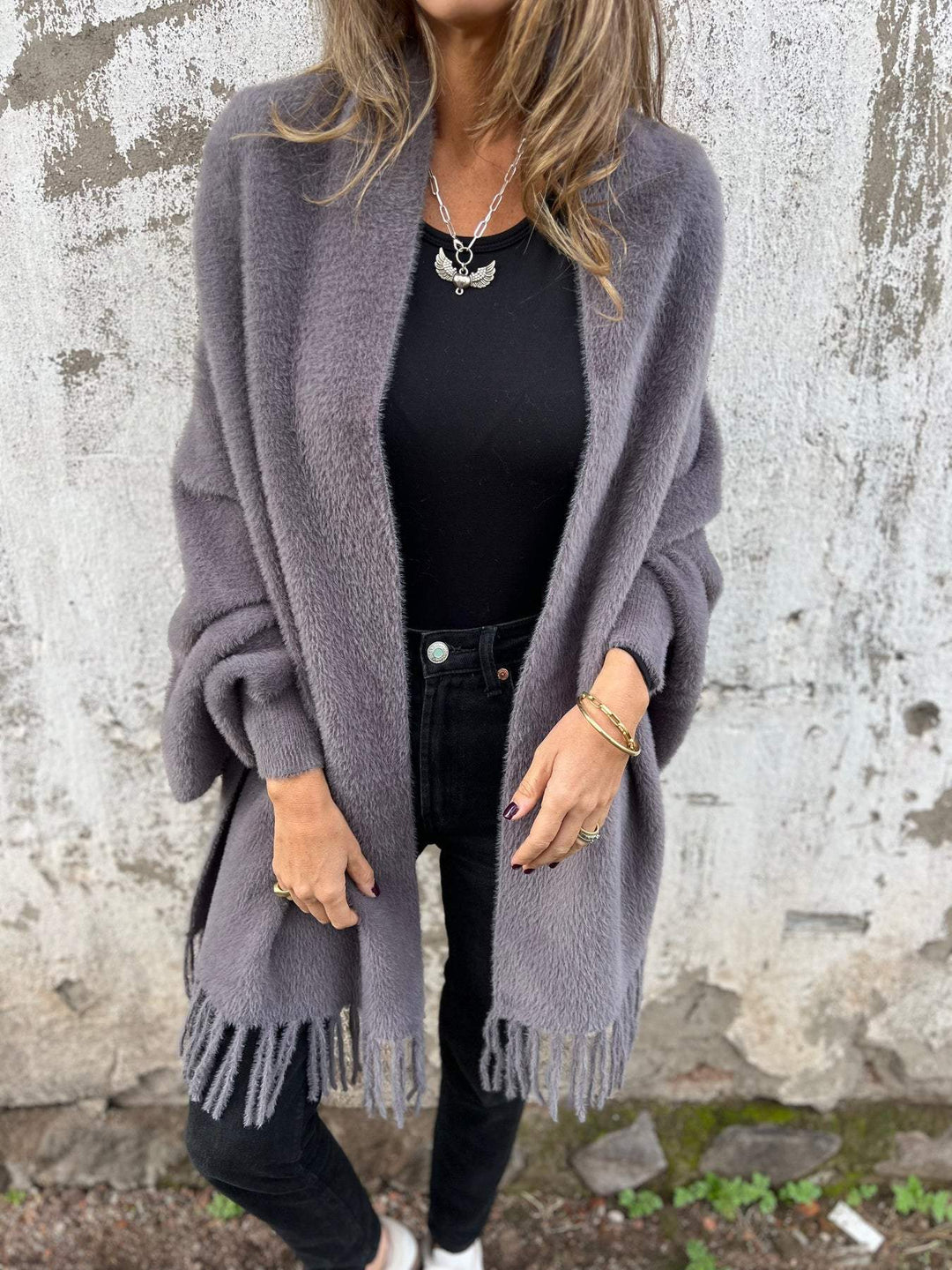 Damen lange Strickjacke mit offener Front und Fransen | Locker geschnittener Long-Cardigan mit langen Ärmeln für Herbst und Winter
