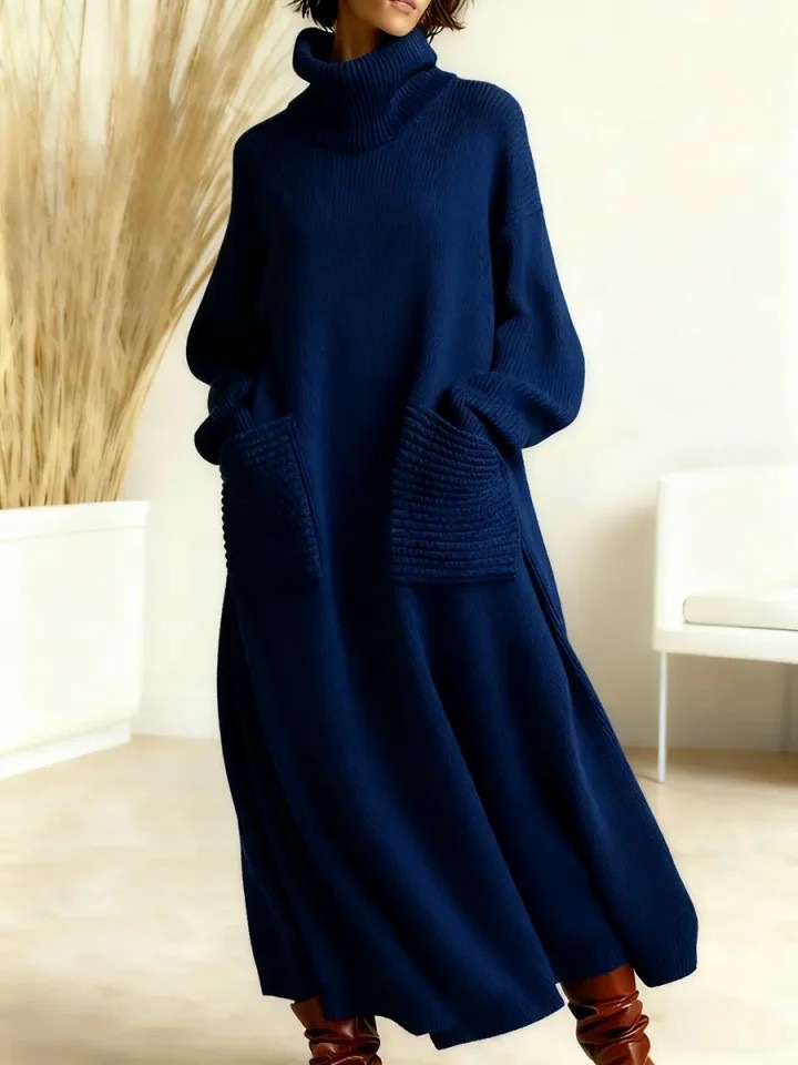 Damen Strickkleid | Langes Oversize-Kleid mit Rollkragen, weichem Strickgewebe und praktischen Taschen für Herbst und Winter