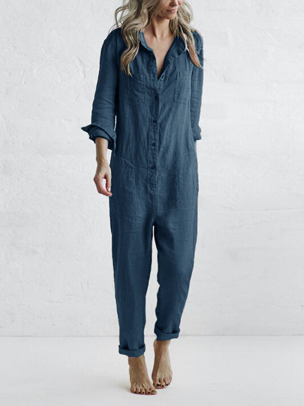Damen Lounge-Jumpsuit aus weicher Baumwolle | Lockerer Schnitt mit Knöpfen | Atmungsaktiv, leicht elastisch, Grünton