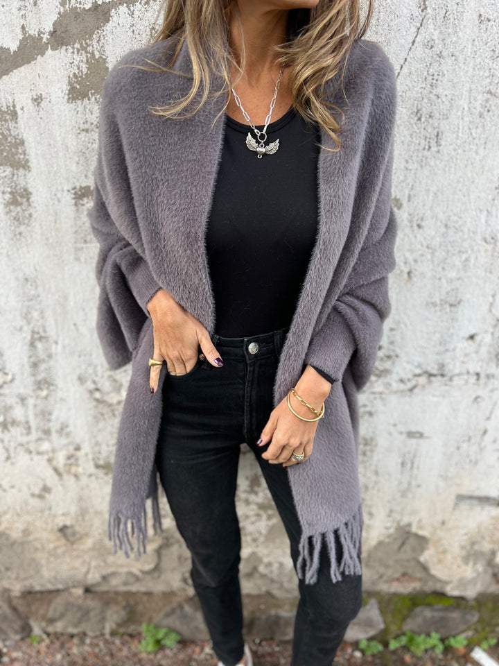 Damen lange Strickjacke mit offener Front und Fransen | Locker geschnittener Long-Cardigan mit langen Ärmeln für Herbst und Winter