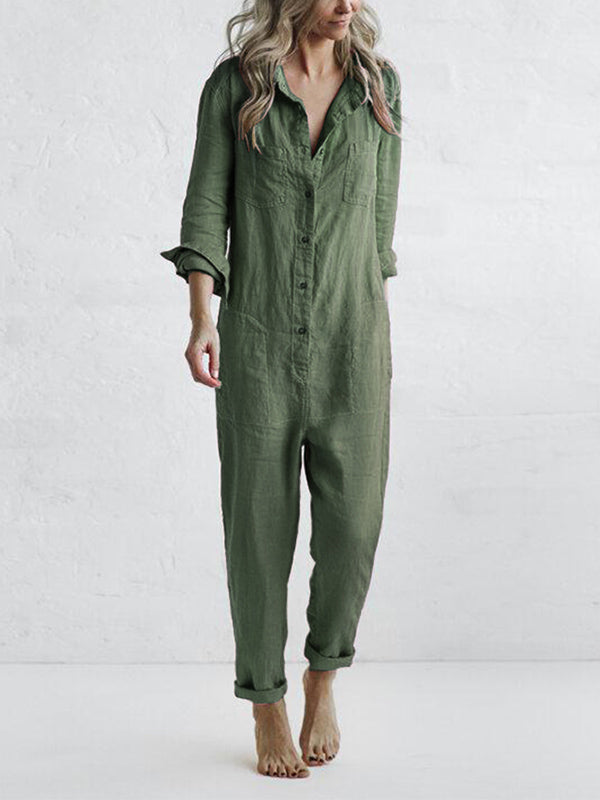 Damen Lounge-Jumpsuit aus weicher Baumwolle | Lockerer Schnitt mit Knöpfen | Atmungsaktiv, leicht elastisch, Grünton