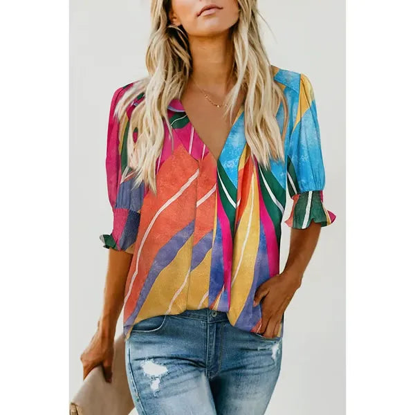 Damenbluse | Boho-Bluse mit V-Ausschnitt und Puffärmeln
