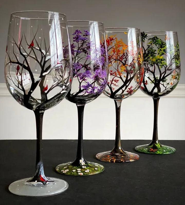 Hand-Painted Wine Glasses Set of 4 | Four Seasons with Tree Motifs | Brilliant Glass, approx. 350 ml | Dishwasher Safe &amp; Colorfast