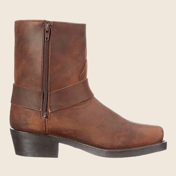 Damen Bikerstiefel aus echtem Vollnarbenleder | Mittelhohe Lederstiefel mit Zierriemen, Nieten, Gummisohle und stabilem Absatz