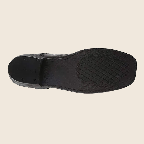 Damen Bikerstiefel aus echtem Vollnarbenleder | Mittelhohe Lederstiefel mit Zierriemen, Nieten, Gummisohle und stabilem Absatz