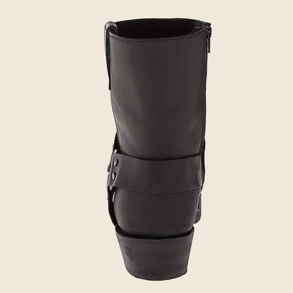 Damen Bikerstiefel aus echtem Vollnarbenleder | Mittelhohe Lederstiefel mit Zierriemen, Nieten, Gummisohle und stabilem Absatz