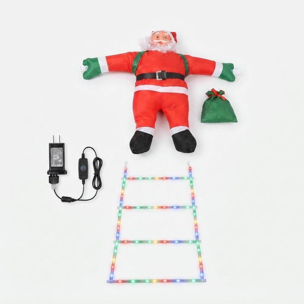 Kletternder Weihnachtsmann mit LED-Leiter | Beleuchtete Weihnachtsdekoration mit 2,5 m langer Leiter für Balkon, Fenster und Fassade