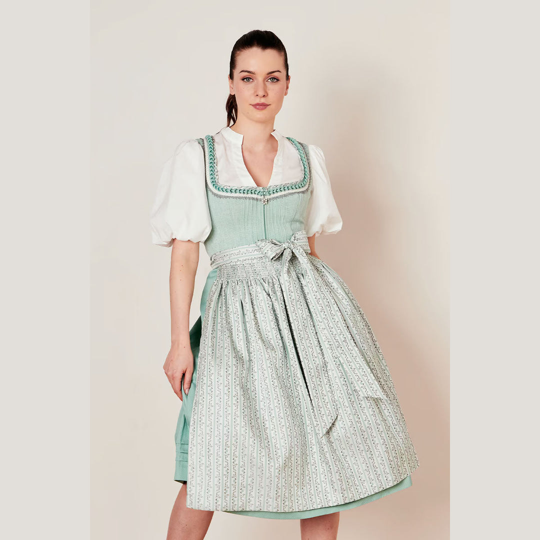 Damen Dirndl Mintgrün | Midi Trachtenkleid mit Froschgoscherl, Miederschnürung und 70 cm Rocklänge