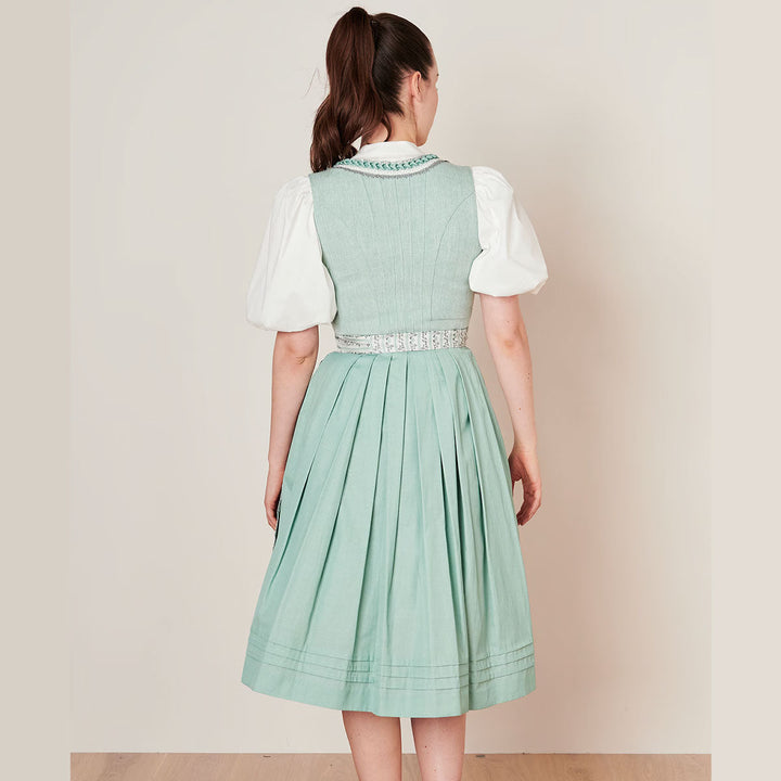 Damen Dirndl Mintgrün | Midi Trachtenkleid mit Froschgoscherl, Miederschnürung und 70 cm Rocklänge