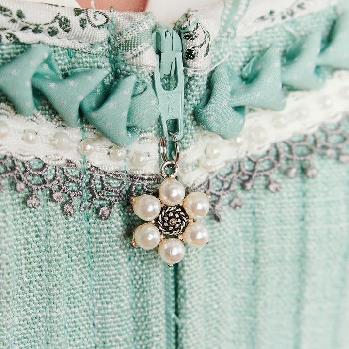 Damen Dirndl Mintgrün | Midi Trachtenkleid mit Froschgoscherl, Miederschnürung und 70 cm Rocklänge