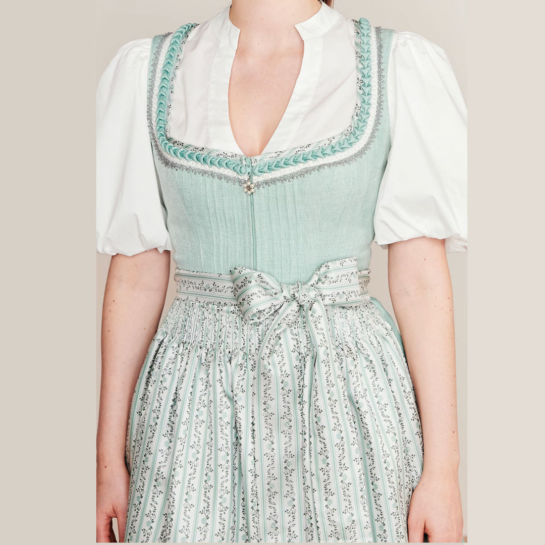 Damen Dirndl Mintgrün | Midi Trachtenkleid mit Froschgoscherl, Miederschnürung und 70 cm Rocklänge