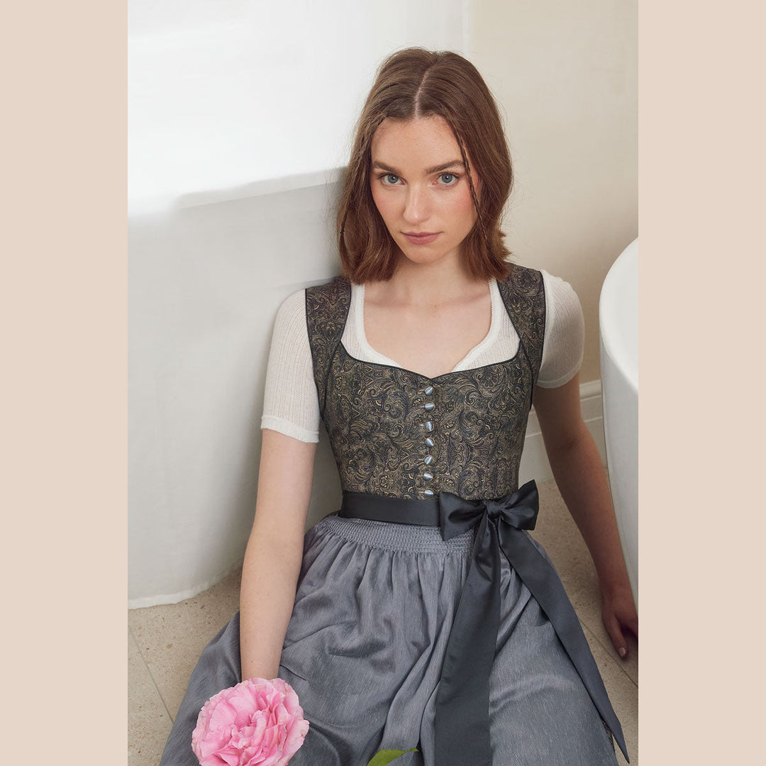 Damen Dirndl Blau | Midi Trachtenkleid mit Herzausschnitt, Kugelknöpfen und 60 cm Rocklänge