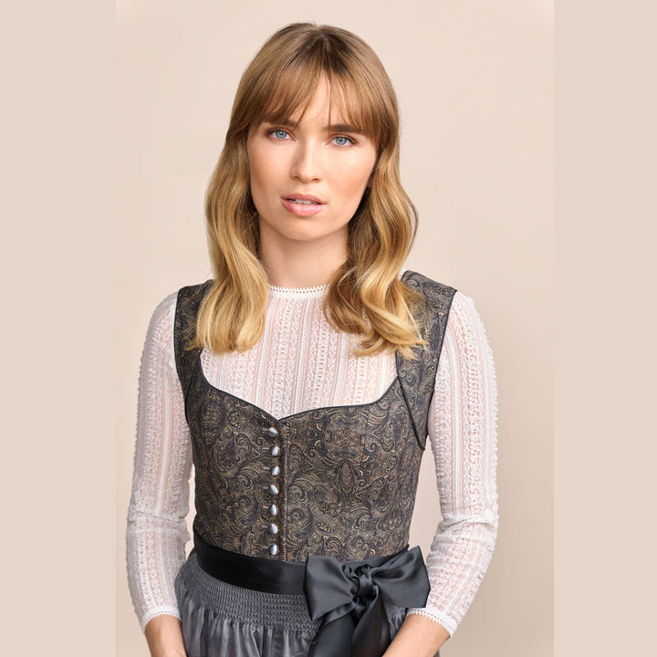 Damen Dirndl Blau | Midi Trachtenkleid mit Herzausschnitt, Kugelknöpfen und 60 cm Rocklänge