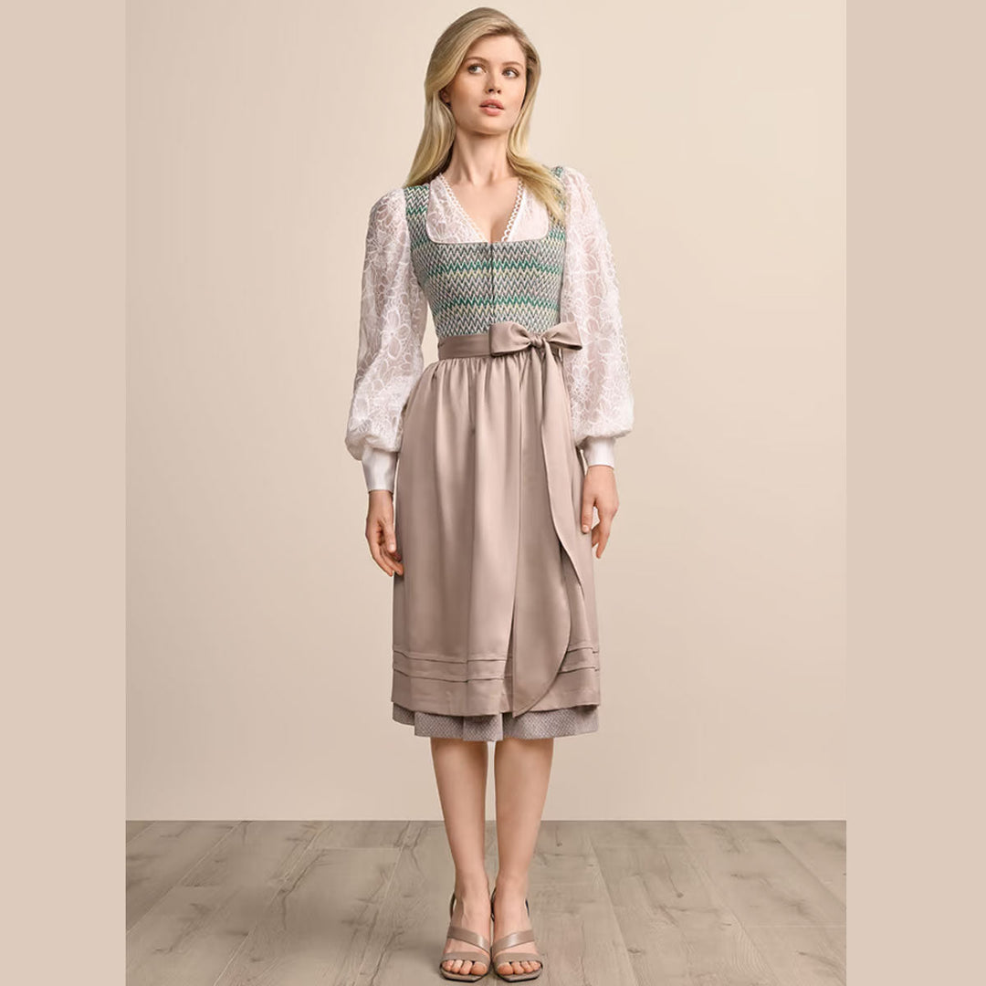 Damen Dirndl Grün | Midi Trachtenkleid mit geradem Ausschnitt, Reißverschluss und 70 cm Rocklänge