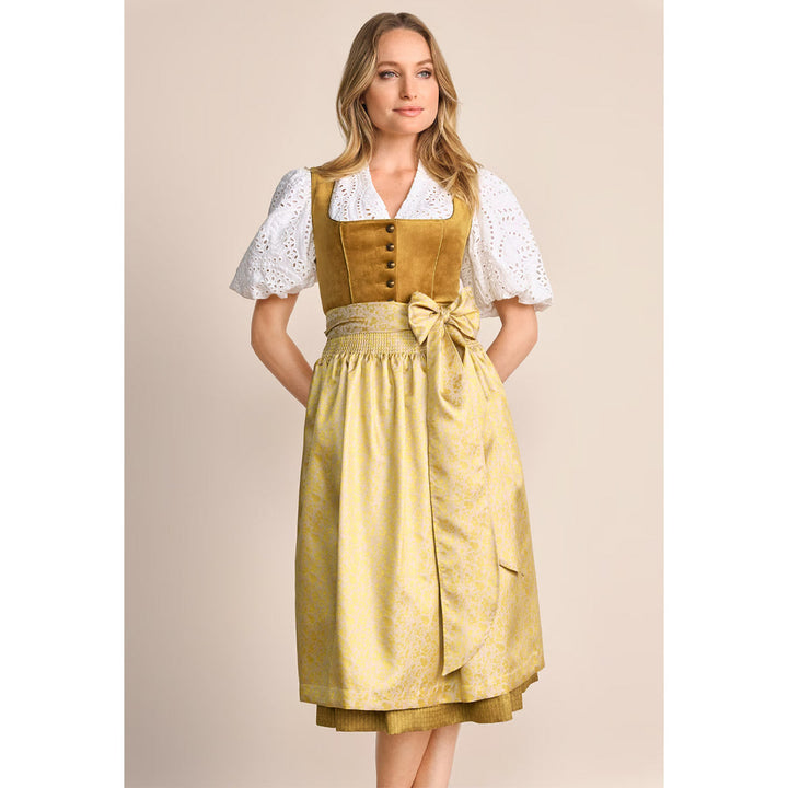Damen Dirndl Gold | Midi Samtdirndl mit Balkonett-Ausschnitt, Blumenmuster und 70 cm Rocklänge