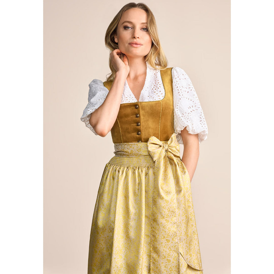Damen Dirndl Gold | Midi Samtdirndl mit Balkonett-Ausschnitt, Blumenmuster und 70 cm Rocklänge