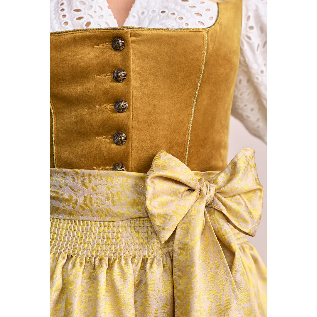 Damen Dirndl Gold | Midi Samtdirndl mit Balkonett-Ausschnitt, Blumenmuster und 70 cm Rocklänge