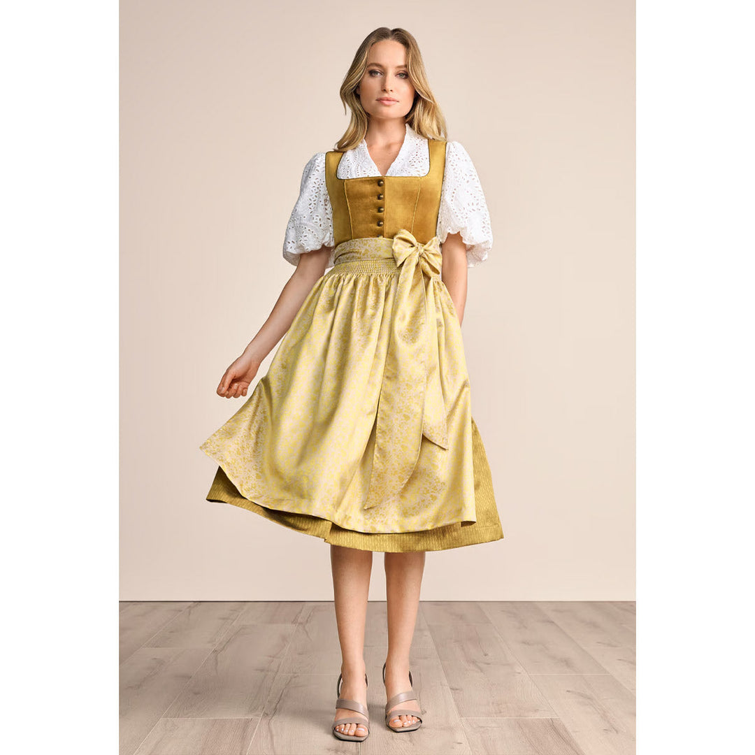 Damen Dirndl Gold | Midi Samtdirndl mit Balkonett-Ausschnitt, Blumenmuster und 70 cm Rocklänge