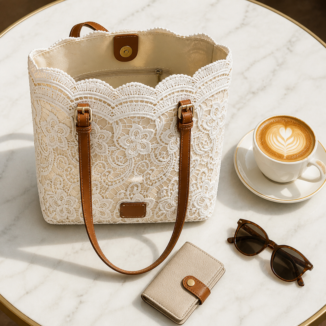 Damen Schultertasche mit Blumenmuster-Spitze | Geräumige Tote Bag mit verstellbaren Trägern &amp; Magnetverschluss